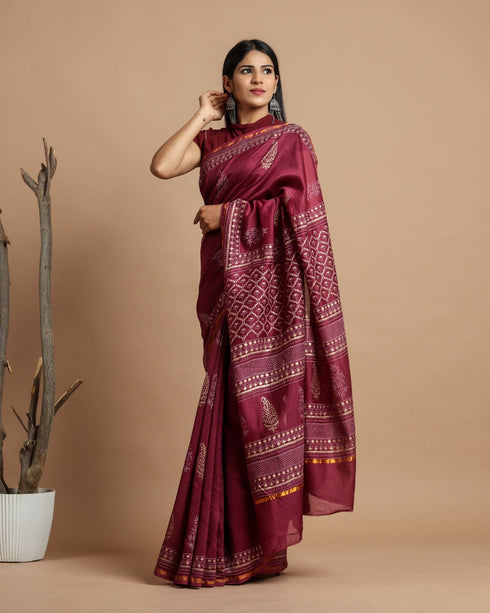 Wine Khadi Gold Print Chanderi Silk Saree (CHSAR05)